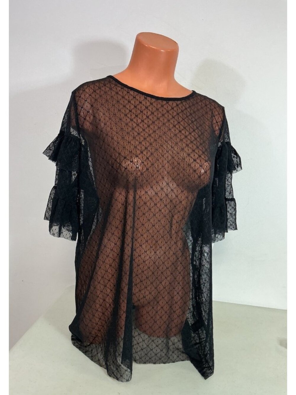 Sheer Black Lace Top Ruffle Sleeves Womens 2XL New